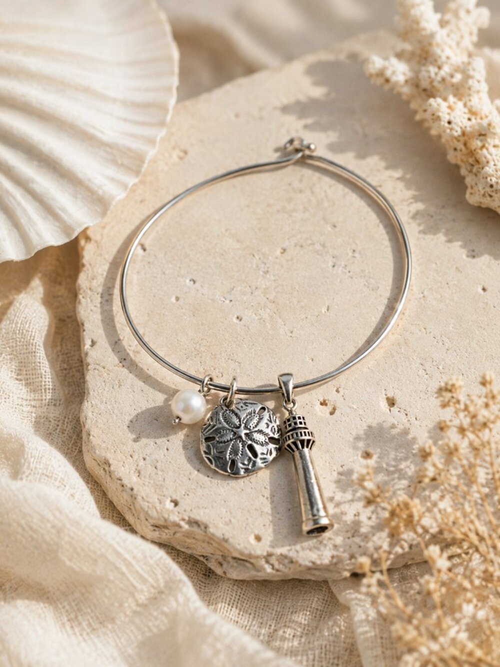 Sterling Silver Sand Dollar Lighthouse Freshwater Pearl Charm Bracelet 925